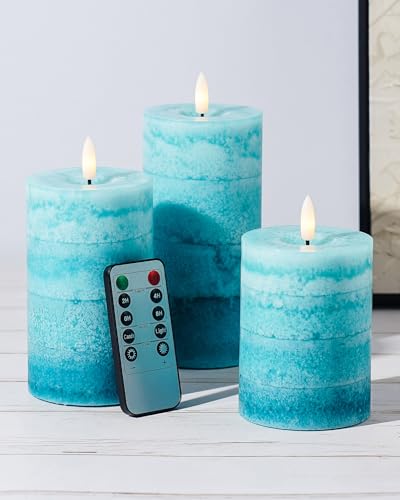 Stmarry Gradient Teal Flameless Candles with Remote and Timer, Real Wax Made LED Pillar Candles Battery Operated with 3D Flickering Flame - 3" x 4",5",6" - Set of 3 Turquoise Candles - color: Gradient Teal