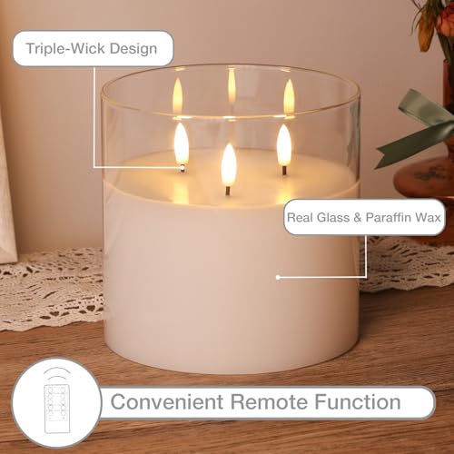 Large 3 Wick Clear Glass Flameless Pillar Candle with Remote | 6x6 inch LED Candle Flickering, Triple Wick, 2 AA Battery Powered, Accent Home Decor Gift - color: Clear