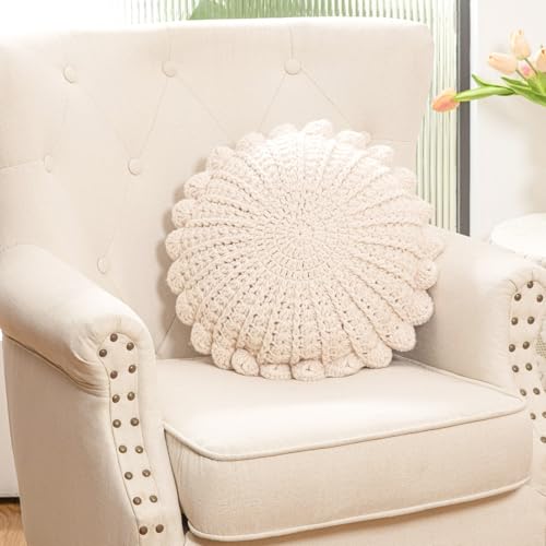 Knitted Throw Pillow Round Couch Pillow (Beige, 18inch) | Include Insert Handmade Decorative Plush Pillow Cute Cushion - color: Beige