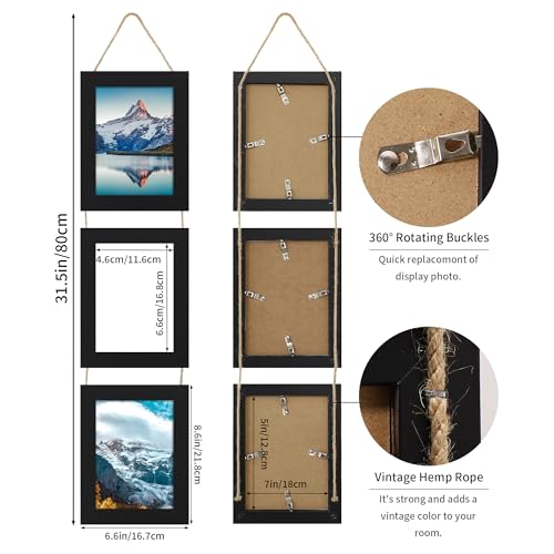5x7 Collage Picture Frames Set of 2, Rustic Wooden Real Glass Vertical Hanging 3 Opening 5 by 7 Photo Frame, Black - color: Black, size: Vertical-5x7 in