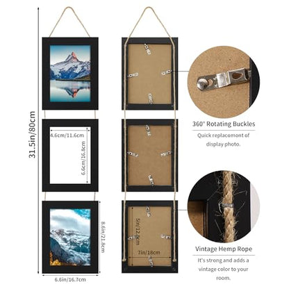 5x7 Collage Picture Frames Set of 2, Rustic Wooden Real Glass Vertical Hanging 3 Opening 5 by 7 Photo Frame, Black - color: Black, size: Vertical-5x7 in