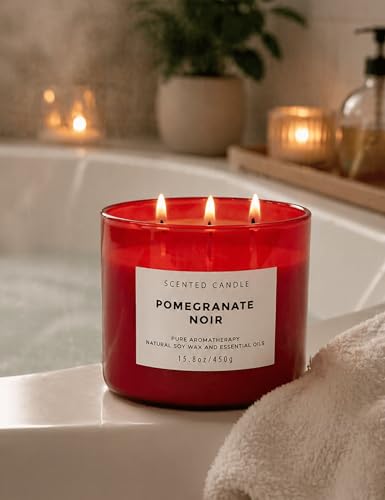 Pomegranate Noir Scented Soy Candle - Large 3-Wick Candle for Home 15.8 oz | Fruity Scented Candle, Pomegranate With Pineapple, Black Currant And Vanilla Notes, Red Scented Candle For Home, Gift Ready