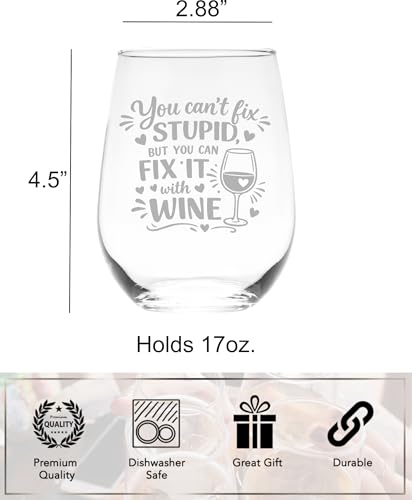 C M You Can't Fix Stupid Stemless Wine Glass, 17 oz, Style S1 | Funny Gift for Women and Men, Dishwasher Safe, Etched Design