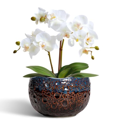 6 Inch Plant Pot, Ceramic Pots for Indoor Plants, Brown-Blue | Round Decorative Planters with Drainage Hole and Plug, Unique Flower Pots, Home Office Decor, Gardening Gifts for Women - color: Brown-blue, size: 6.2 Inch