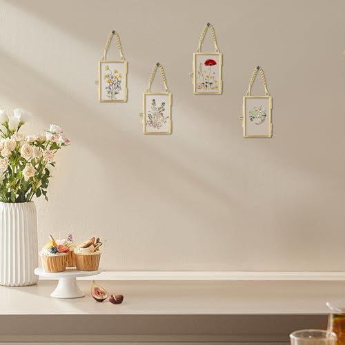 4 Pcs Pressed Flower Frame with Tweezers, Wall Hanging Tabletop Display Double Glass Frames with Metal Chain for Pressed Dried Flowers Plants, Horizontal and Vertical Picture Frame, Gold, FRAMES ONLY - color: Gold-4