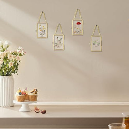 4 Pcs Pressed Flower Frame with Tweezers, Wall Hanging Tabletop Display Double Glass Frames with Metal Chain for Pressed Dried Flowers Plants, Horizontal and Vertical Picture Frame, Gold, FRAMES ONLY - color: Gold-4