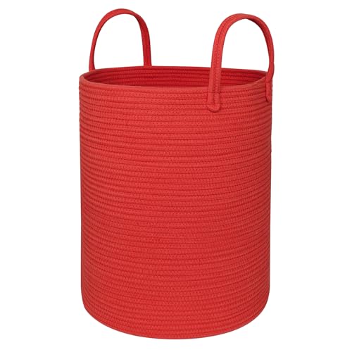 Red Woven Laundry Basket, 15"x18" Large Cotton Rope Storage Basket for Blankets Toys, Decorative Baby Nursery Clothes Hamper for Living Room Bedroom, Kids Tall Laundry Hamper, Red Room Decor - color: Red, size: 15"D x 18"H