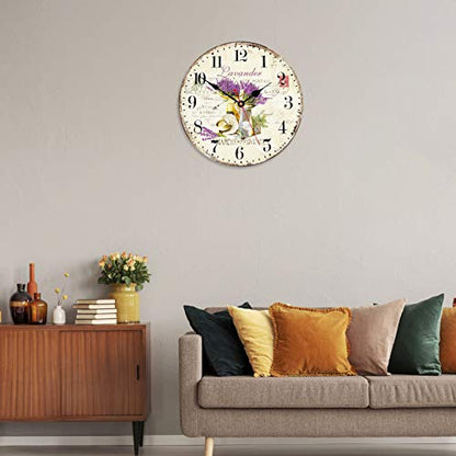 TAHEAT Romantic Lavander Wall Clock, French Purple Love Floral Clocks, Accurate Decorative Easy to Read Wall Clock for Living Room/Bedroom/Bathroom/Kitchen, 14 Inch - size: 14 inch