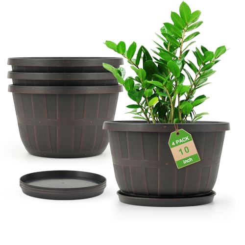 Quarut 4 Pack 10 inch Flower Pots,Plastic Plants Pots Outdoor | Planters with Drainage Holes & Saucers,Imitation Wine Barrel Design,for Indoor Outdoor Garden Pots(Brown) - color: Brown, size: 10 inch-4 pack