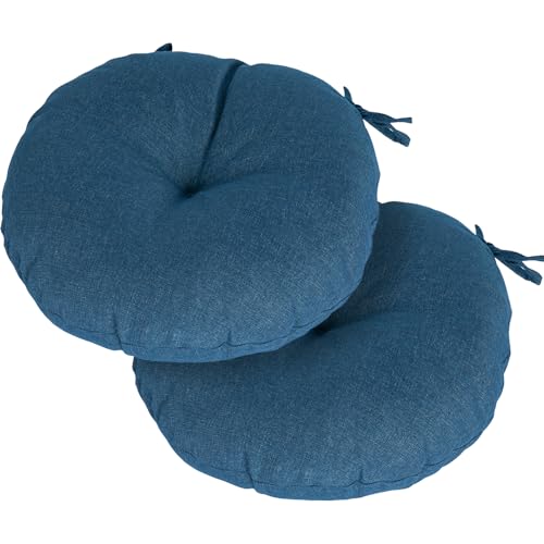Magpie Fabrics Outdoor 15"x15"x4" Round Bistro Seat Cushions with Ties Set of 2, Tufted Waterproof Patio Floor Chair Pads for Home Garden Balcony Kitchen Office Porch, Dark Blue - color: Dark Blue