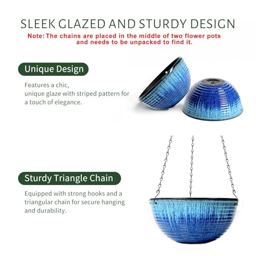 10 Inch Hanging Planters, Glazed Hanging Basket with Drainage Holes, 2 Pack | Ceramic-Look Hanging Flower Pots with Chain Plant Hangers, Blue Flow Glaze - color: Blue Flow Glaze, size: 10inch