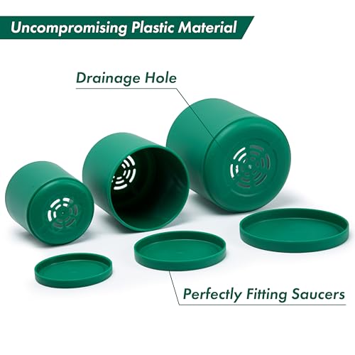 D'vine Dev 3-Pack Plastic Pots & Saucers, 4/5/6 in, Green, 74-V-D-1 | Multi-Size Options, Lightweight Durable, Matte Finish, Cylinder Shape, Drainage Holes, Sleek Design, Detachable Saucer - color: Green, size: Small