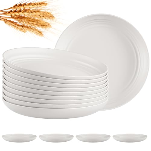 Quatish 10 PCS Reusable Plastic Plates,8 inch Dinner Plate,Plate set，Beige | Unbreakable,Dishwasher & Microwave Safe, Easy-to-Clean,Lightweight,Portable,for Camping Salad, Kitchen & Picnics,Wheat Straw - color: Beige
