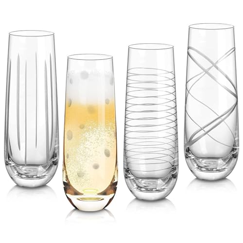 Joeyan Etched Champagne Flutes Glasses Cups,Handmade Mouth Blown Aesthetics Glassware Art Decoration,Home Bar Essentials,Gifts for Wedding Anniversary Daily Use,Set of 4,9.8 oz,Dishwasher Safe - color: Clear