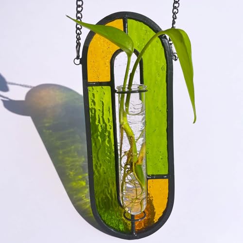 LITMIND Stained Glass Plant Propagation Station, Hanging Hydroponic Planter Terrarium with 2 Glass Tubes - Perfect for Home & Garden Décor - color: Style A01 (Moss Olive)
