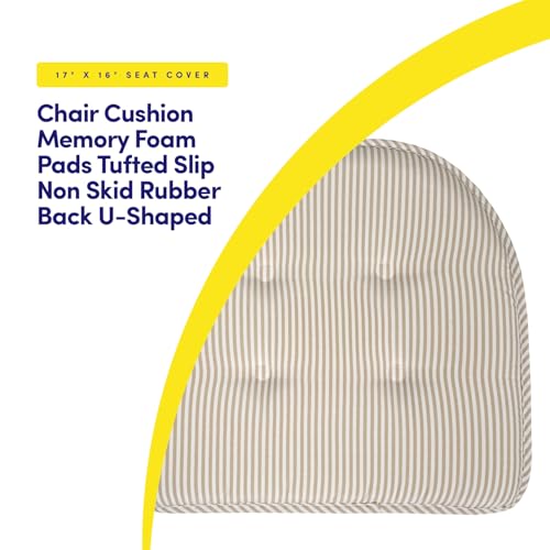Sweet Home Collection Chair Cushion Memory Foam Pads Tufted Slip Non Skid Rubber Back U-Shaped 17" x 16" Seat Cover, 6 Count (Pack of 1), Pinstripe Taupe - color: Pinstripe Taupe, size: 6 Pack, style: Foam Pads