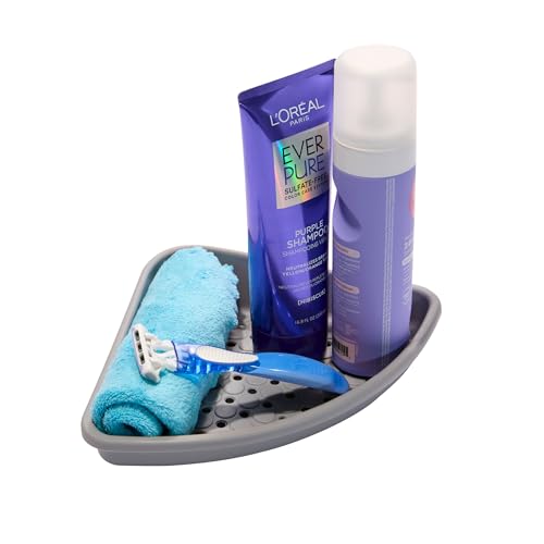 madesmart Bathtub Corner Shelf, Grey | suction cup base, drainage holes, raised edges, shampoo soap razors, bath accessories, woman owned - color: Corner Shelf
