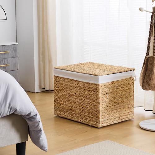 Water Hyacinth Storage Basket with Lid, 31.7 Gallon (120L) Wicker Shelf Basket with Removable Liner, Wicker Storage Basket for Blanket, for Livingroom, Bedroom, Natural - size: 23.62"L x 17.72"W x 17.72"H