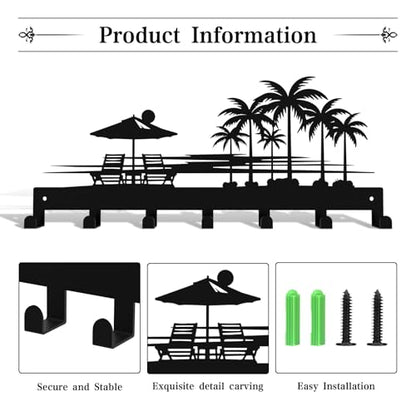 Tropical Style Key Holder Wall Mount with 7 Hooks, Key Hanger Organizer for Front Door, Hallway, Entryway & Office Decor, Featuring Sunset and Coconut Tree Design