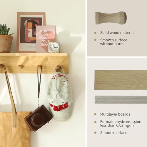 Small Entryway Shelf with Hooks, Wall Mounted Coat Rack with Shelf for Small Spaces, Wooden Floating Wall Organizer for Entryway, Mudroom, Nursery, Bathroom & Kitchen (Oak Finish) - color: Oak Finish