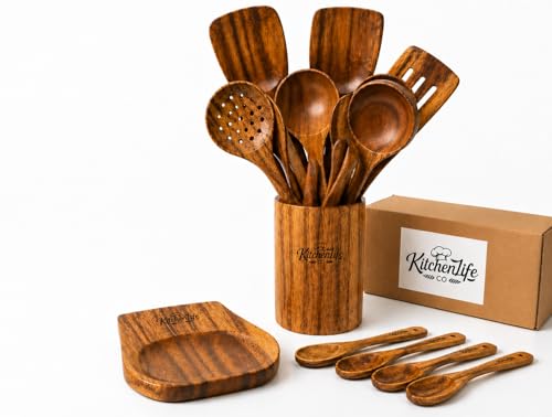 20-Piece Natural Teak Wood Kitchen Utensil Set with Holder, Cooking Utensils, Spatulas, Ladle, Slotted Spoon, Spoon Rest & Metal Hanging Hooks