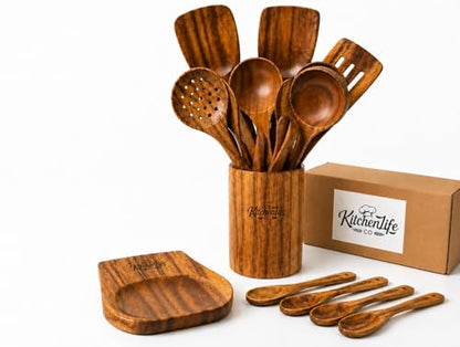 20-Piece Natural Teak Wood Kitchen Utensil Set with Holder, Cooking Utensils, Spatulas, Ladle, Slotted Spoon, Spoon Rest & Metal Hanging Hooks