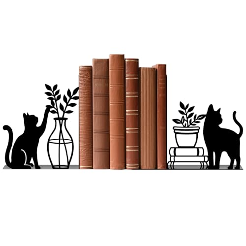 Metal Bookends Cat and Vase Book Ends for Shelves | Cat Bookends Decorative Unique Desk Bookend Black Non-Skid Book Stopper for Home Reading Bookshelf Decor Book Lovers Gift - style: Cat and Vase