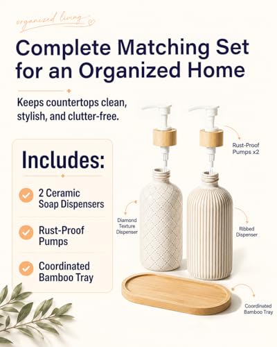 Getstar Hand and Dish Soap Dispenser Set, Ceramic Soap Dispenser for Bathroom and Kitchen with Rust Proof Pump and Bamboo Tray, Set of 2
