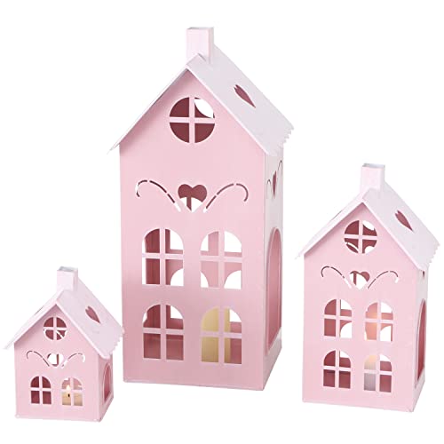 Pop Pink Town House Candle Lanterns, Set of 3, Metal, 15.75, 10.25, and 6 Inches Tall, - color: Pink