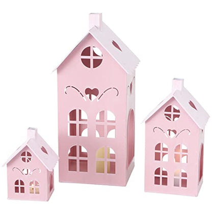 Pop Pink Town House Candle Lanterns, Set of 3, Metal, 15.75, 10.25, and 6 Inches Tall, - color: Pink