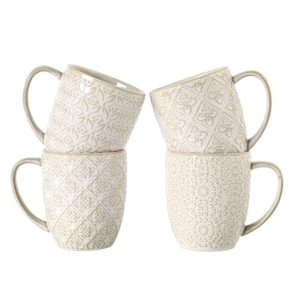 Coffee Mugs Set of 4, 16 Oz Ceramic Coffee Mugs, Large Porcelain Embossed Cups for Cocoa, Tea, Milk, Mocha, Cappuccino, Microwave & Dishwasher Safe, Comfort Handle, 3.5 x 4.5 inch - color: C1
