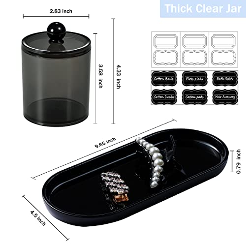 SheeChung 3 PCS Qtip Holder Bathroom Set with Tray, Acrylic Apothecary Jars | Black Qtip Dispenser with Lid and Labels, Bathroom Qtip Holder Set for Cotton Ball, Cotton Swab 1 Pack Bathroom Vanity Tray - color: Black