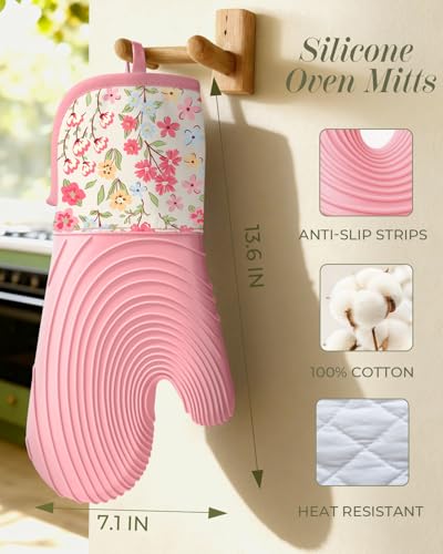 Slohif Long Silicone Oven Mitts Heat Resistant for Women - 2 Pcs Pink-Green Flower 100% Cotton Oven Gloves, Non-Slip and Waterproof Silicone Oven Mitts with Hanger for Baking and Cooking - color: Pink Green Flower