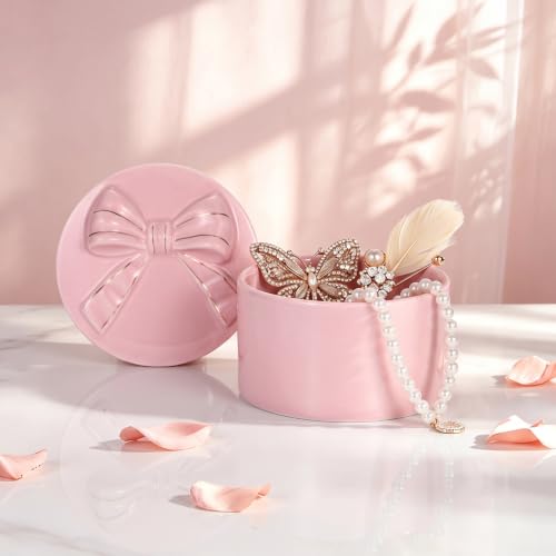 ELLDOO Body Powder Puff and Container, Wedding Bridal Shower Gifts (Pink) | Ceramic Loose Dusting Powder Storage Box with 2pcs Powder Puffs for Baby Women, Jewelry Trinket Box with Bow Lid - color: Pink