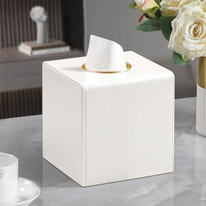 Square Tissue Box Cover with Magnetic Closure, Beige | Luxury PU Leather Tissue Holder with Gold Tone Metal Opening, Fits All Standard Cube Tissue Boxes - color: Beige