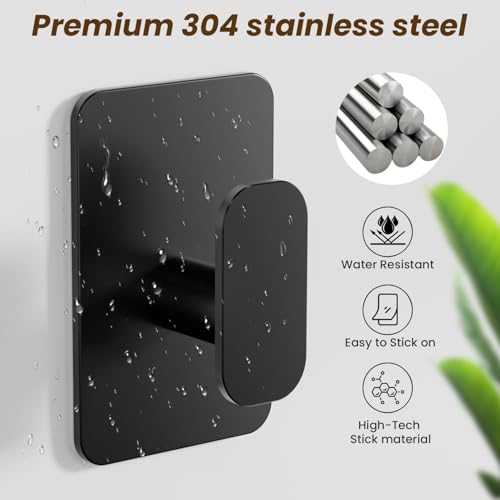 Large Heavy Duty Wall Hooks - 26lb Max, Stainless Steel Adhesive Towel Hooks for Hanging Towel, Coat, Robe, Hat, Sticky Towel Holder for Wall Mount in Bathroom, Shower, Kitchen (Black, 4 Pack) - color: Black-4