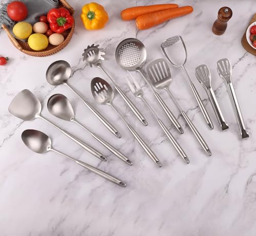 18/10 Stainless Steel Kitchen Utensils Set - 12 PCS All Metal Cooking Tools | 15″ Cooking Utensils - Potato Masher, Meat Fork, Tongs, Turner, Pasta, Serving Spoon, Skimmer, Ladle, Spatula Spoon Set - color: 12-Pieces