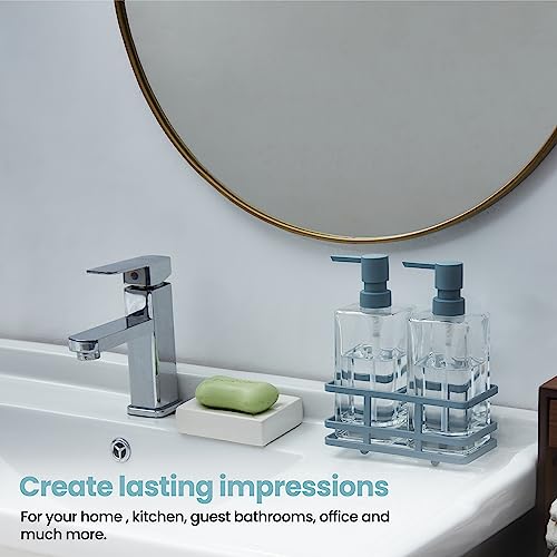 Square 3 Piece Glass Clear Lotion and Soap Pump Dispenser Set with Metal Stand Caddy for Bathroom Bath Kitchen Home Office Travel Hotel Hand Crafted Heavy Weight Spa Blue - color: Spa Blue