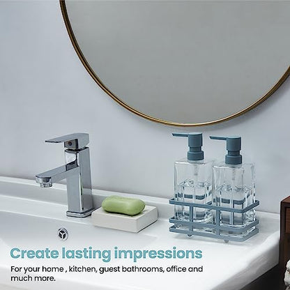 Square 3 Piece Glass Clear Lotion and Soap Pump Dispenser Set with Metal Stand Caddy for Bathroom Bath Kitchen Home Office Travel Hotel Hand Crafted Heavy Weight Spa Blue - color: Spa Blue