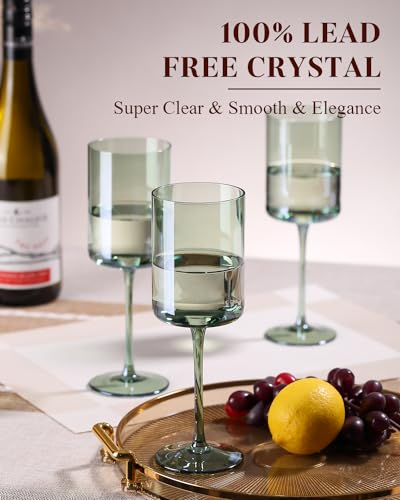 Green Square Wine Glasses Set of 6 - Hand Blown, Colorful With Tall Long Stems, Modern Set for All Occasions - 14oz - color: Sage Green
