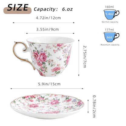 Agyiuns tea cups and saucers ceramic coffee mug 6oz for Coffee, Latte, Cafe Mocha (Big flowers-Set of 4) - color: Big flowers-Set of 4