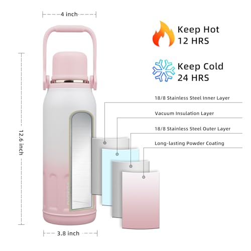 BJPKPK Stainless Steel Insulated Bottle with Handle & Strap, 50oz | Leak-proof vacuum insulation keeps drinks cold/hot for hours. BPA-free, dishwasher safe. Includes handle & strap. Pink Pearl. - color: Pink Pearl, size: 50 Ounces