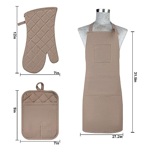Oven Mitts and Pot Holders with Cooking Apron Set of 5, Heat Resistant Kitchen Gloves and Silicone Non-Slip Potholders, Adjustable Neck Buckle Chef Apron, Cotton Nice Design for Cooking (Coffee) - color: Coffee