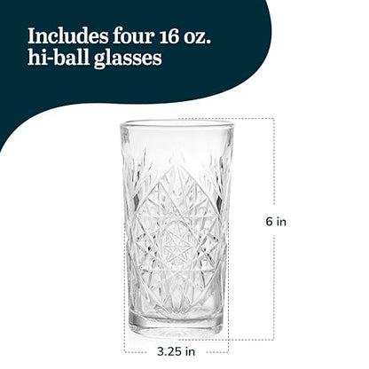 Libbey Hobstar Cooler Glasses, Cut Glass Drinking Glasses Set of 4, Hi-Ball Textured Drinking Glasses, 16 oz Cocktail Glass Set for Soda, Mixed Drinks - color: Hobstar Cooler