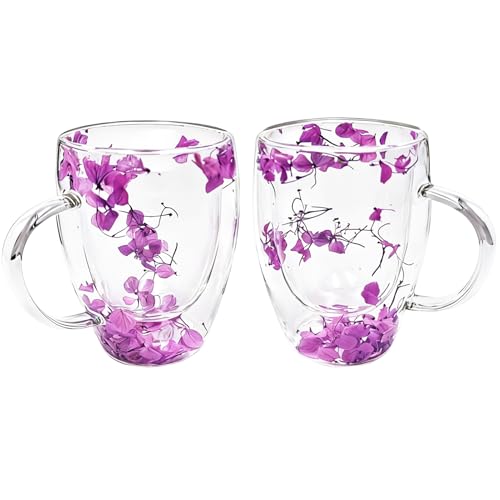 Viovian 13oz Double Wall Glass Coffee Mugs Set of 2 Insulated Glass Coffee Cups with Handles,Clear Dried Flower Tea Mug for Hot Beverages,Tea Cup Women Birthday Gifts - color: 13oz double wall glass mugs set of 2（Purple Hydrangea）