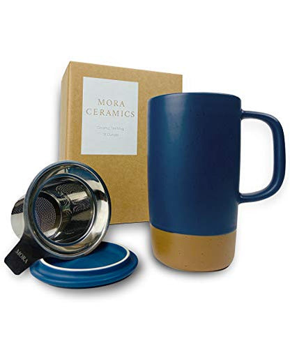 Mora Ceramics Large Tea Mug with Loose Leaf Infuser and Ceramic Lid, 18 oz, Portable, Microwave and Dishwasher Safe, Tall Coffee Cup - Rustic Matte Ceramic Glaze, Modern Herbal Tea Strainer, Deep Blue - color: Deep Blue