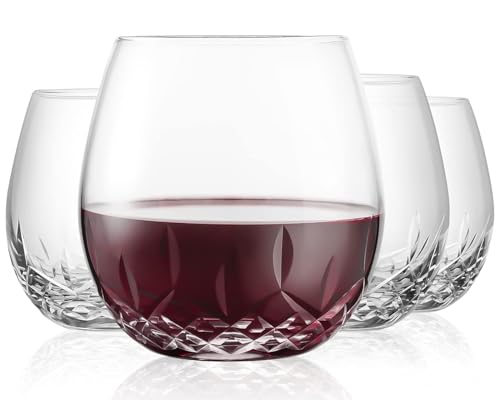 SHOSHIN Hand Cut Stemless Wine Glasses Lead-free Crystal Drinking Glass (15 Oz, Set of 4) | Hand-cut crystal stemless wine glasses with brilliant clarity, refined design, and versatile 15 oz capacity - color: Classic set of 4