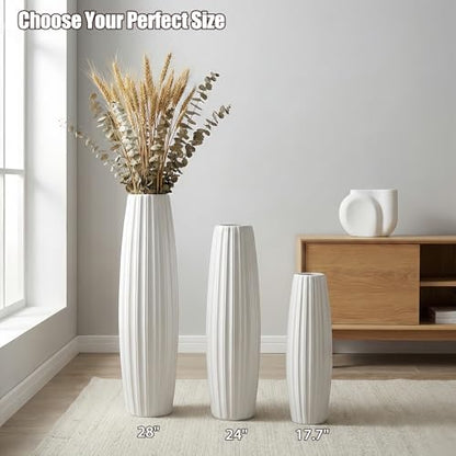 White Tall Ceramic Floor Vase, 24 Inch, Ribbed Drum Design | Glossy Glazed Finish, Living Room, Fireplace, Entryway, Pampas Grass - color: Vertical Stripes, size: Height-24 Inch
