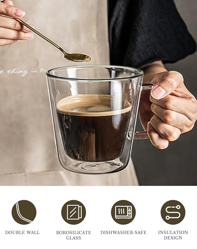 LIBWYS 12oz Double Wall Glass Coffee Mugs, Cappuccino Latte Tea Cups with Handle, Heat Resistant Borosilicate Insulated Clear Glasses (Set of 4) - size: 4x12oz coffee mugs