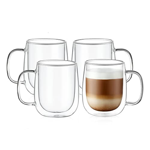 CNGLASS Large Double Wall Glass Coffee Mug 15.2oz,Clear Insulated Glass Espresso Cup with Big Handle,Clear Glass Espresso Mugs for Latte,Cappuccino,Tea Bag,Hot and Cold Beverages,set of 4 - color: 15.2oz(4-pack)